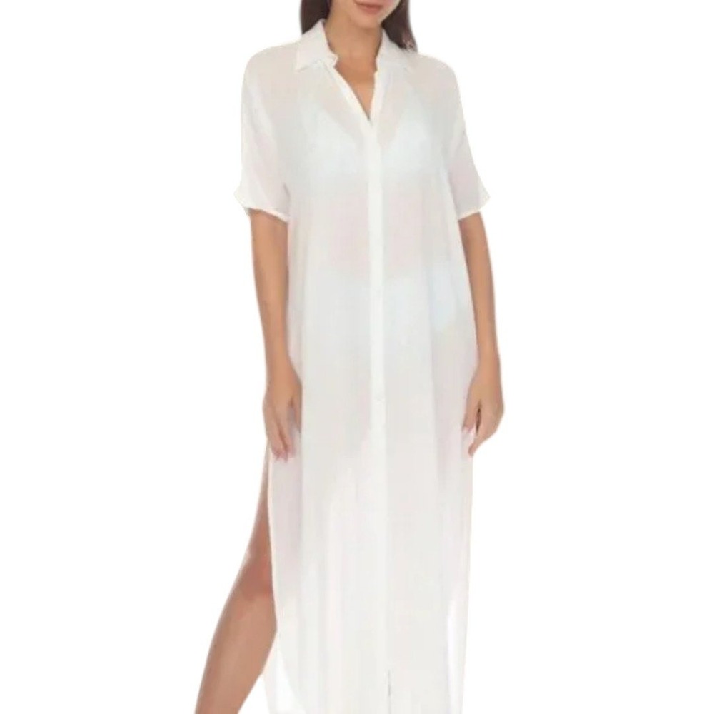 Raviya Button-Down Maxi Dress Cover-Up White 1X